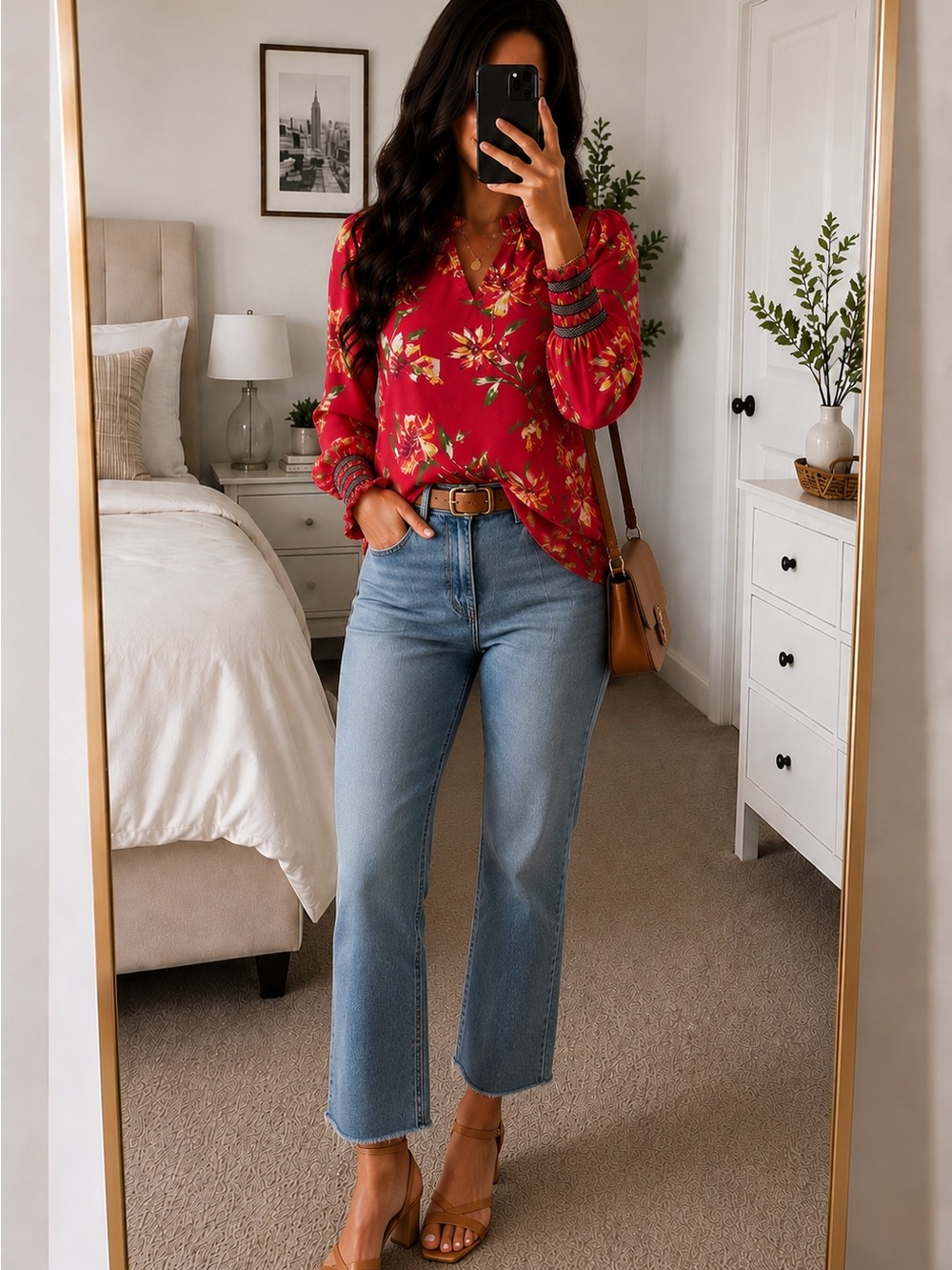 Flying Tomato Floral Ruffle Neck Long Sleeve Blouse Red Women’s Small